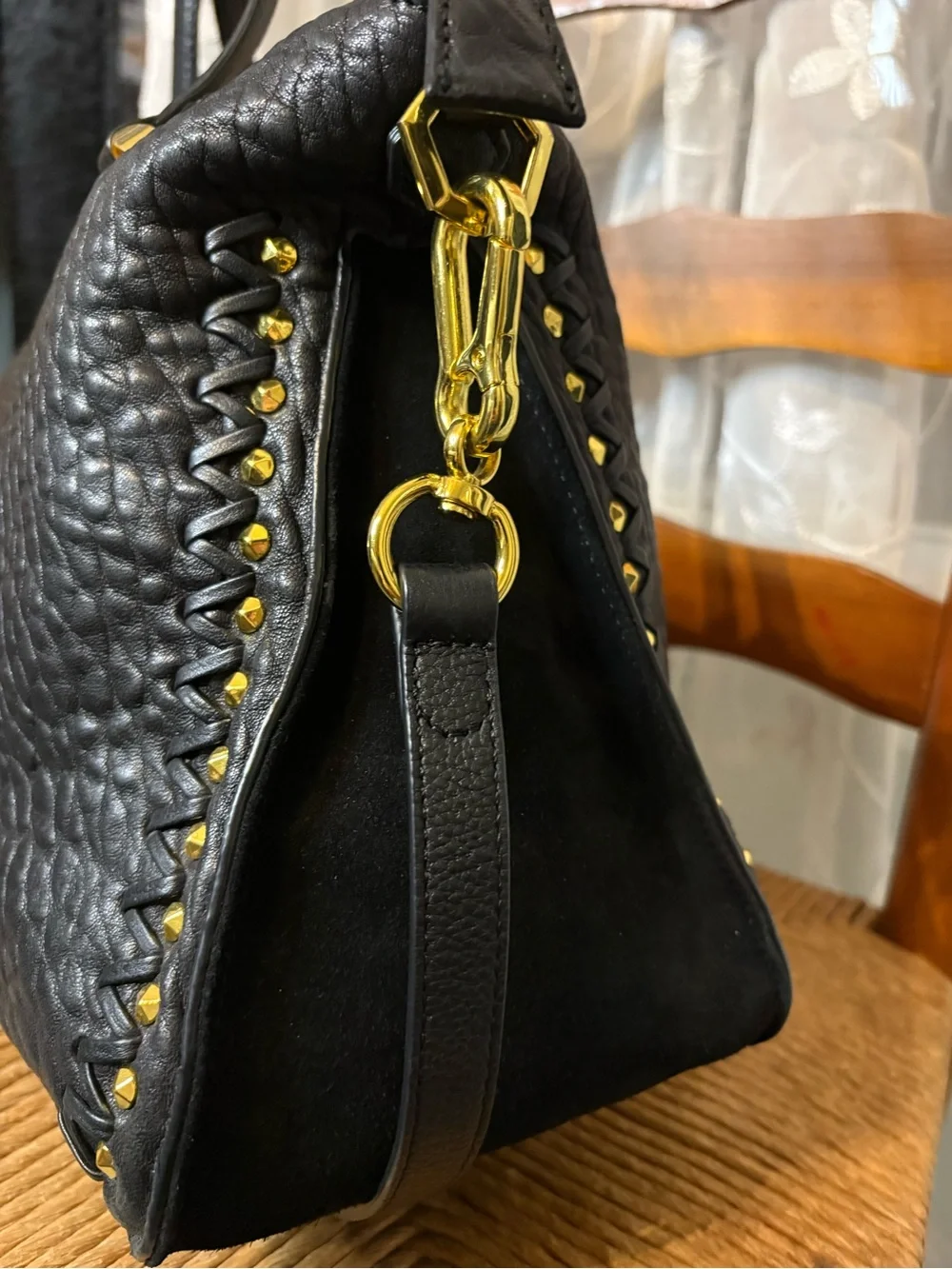 orYANY Black Pebbled Leather Studded Satchel Crossbody Bag